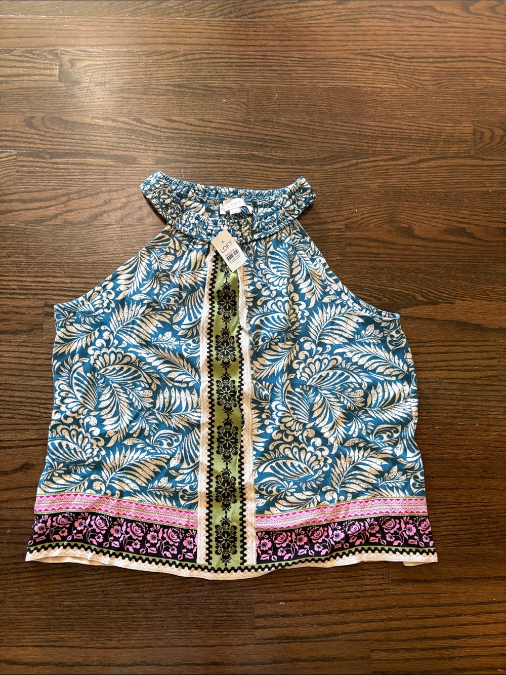 LOFT Teal Floral Halter Blouse with Pink & Green Trim